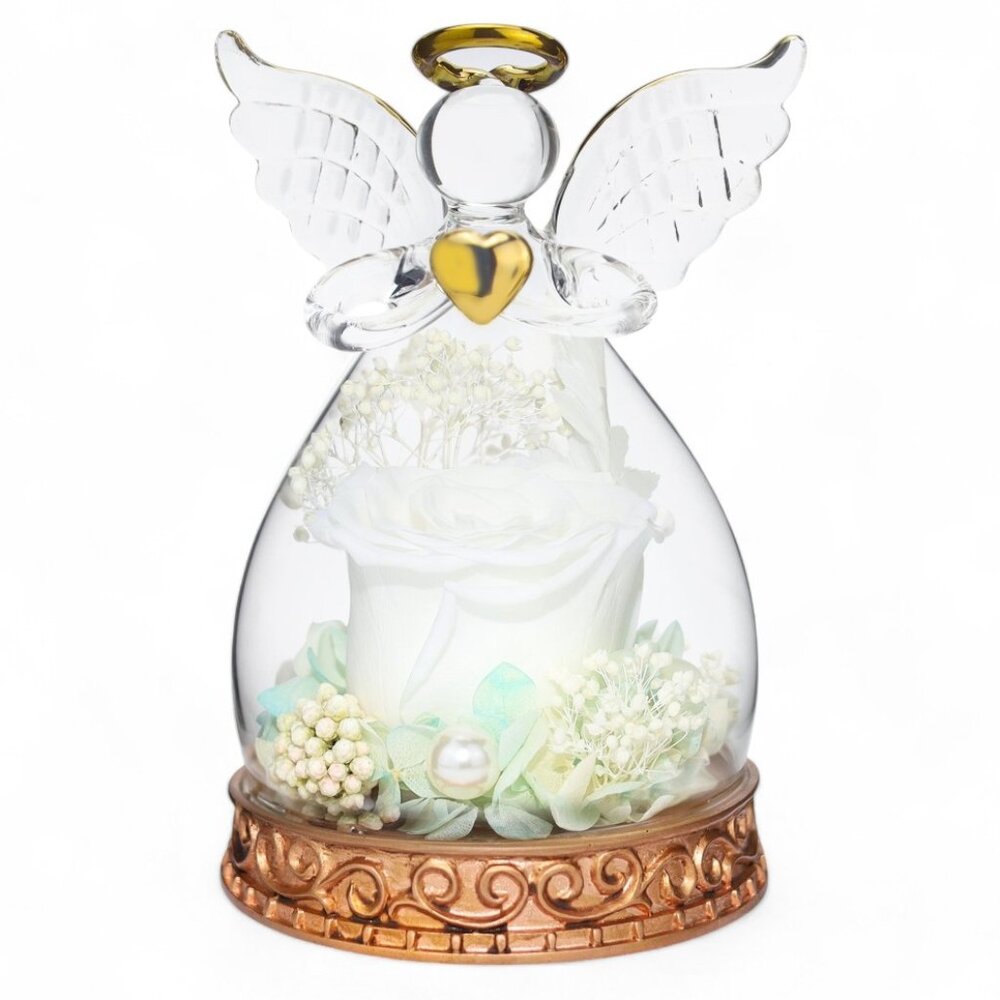Real Preserved Rose Guardian Angel Glass Dome LED Light Copper Base